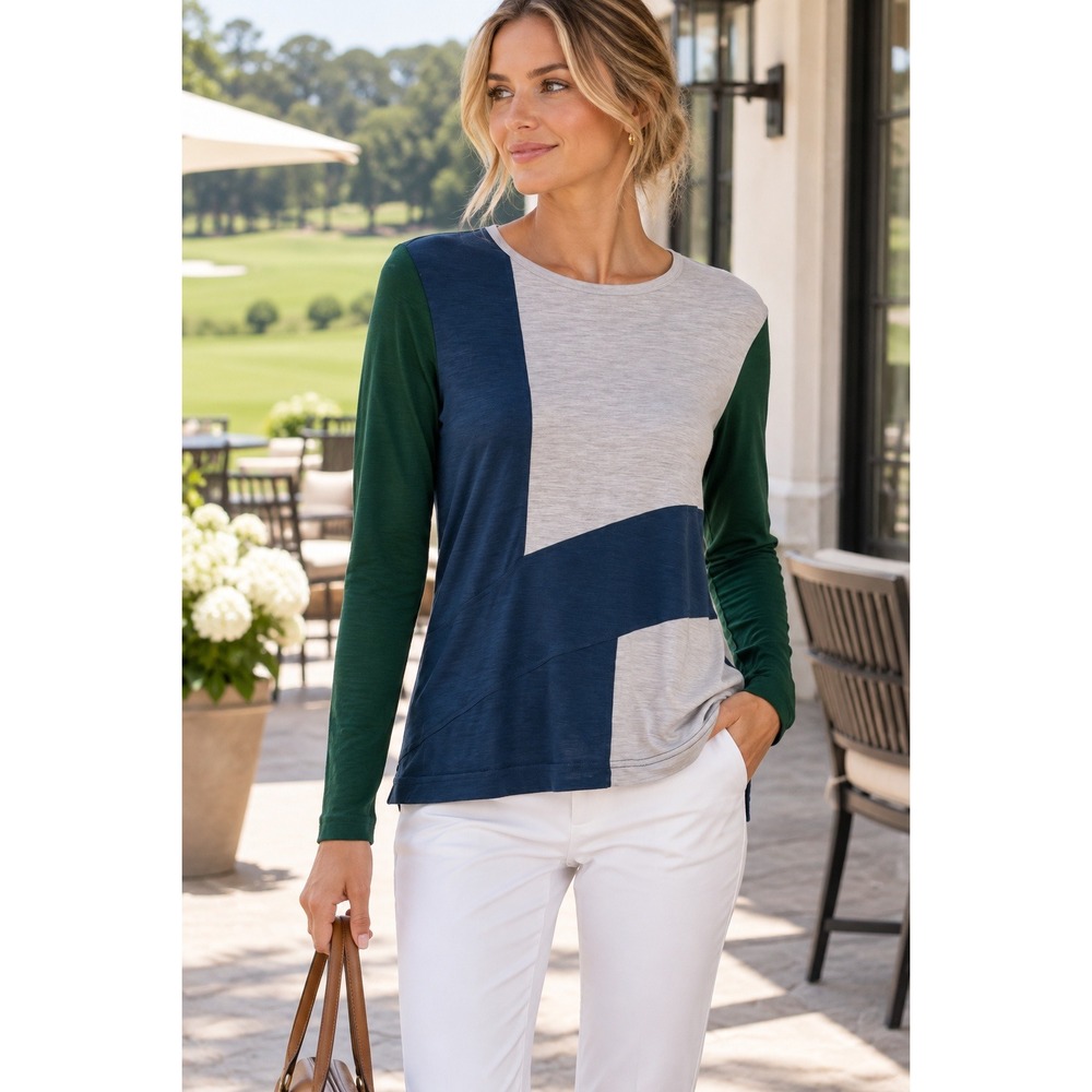 St. John Sport Colorblock Silk Blend Long Sleeve Top Navy Green Grey Small